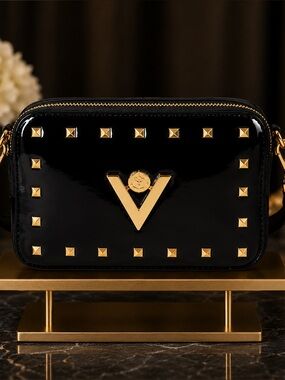 NWT Valentino Orlandi Patent Black Studded Crossbody Camera Bag  Italian $280